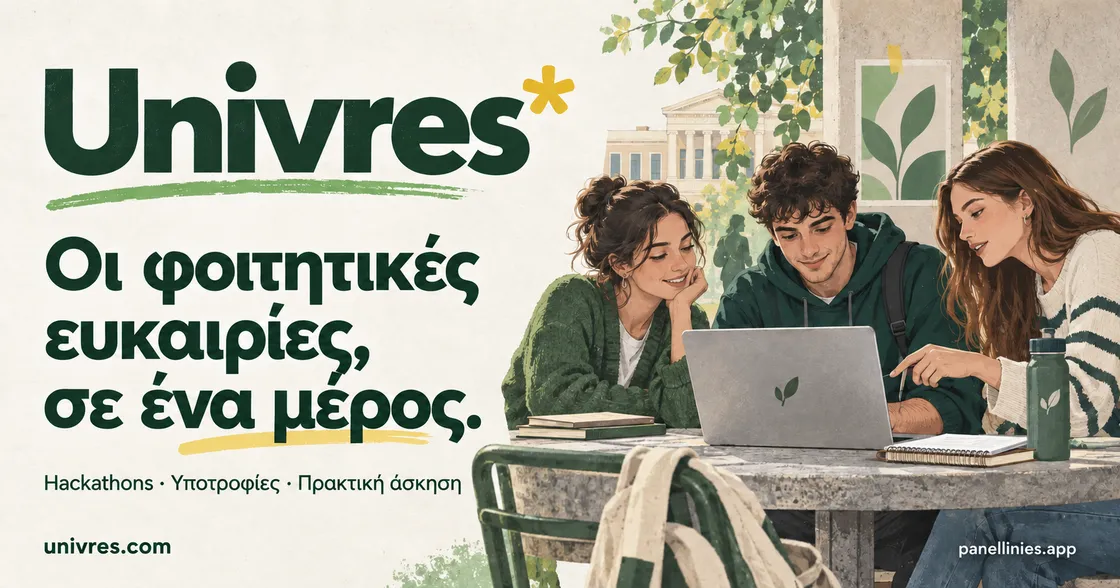 Univres: Οι φοιτητικές ευκαιρίες, σε ένα μέρος. Εικονογράφηση τριών φοιτητών που συνεργάζονται γύρω από έναν υπολογιστή.